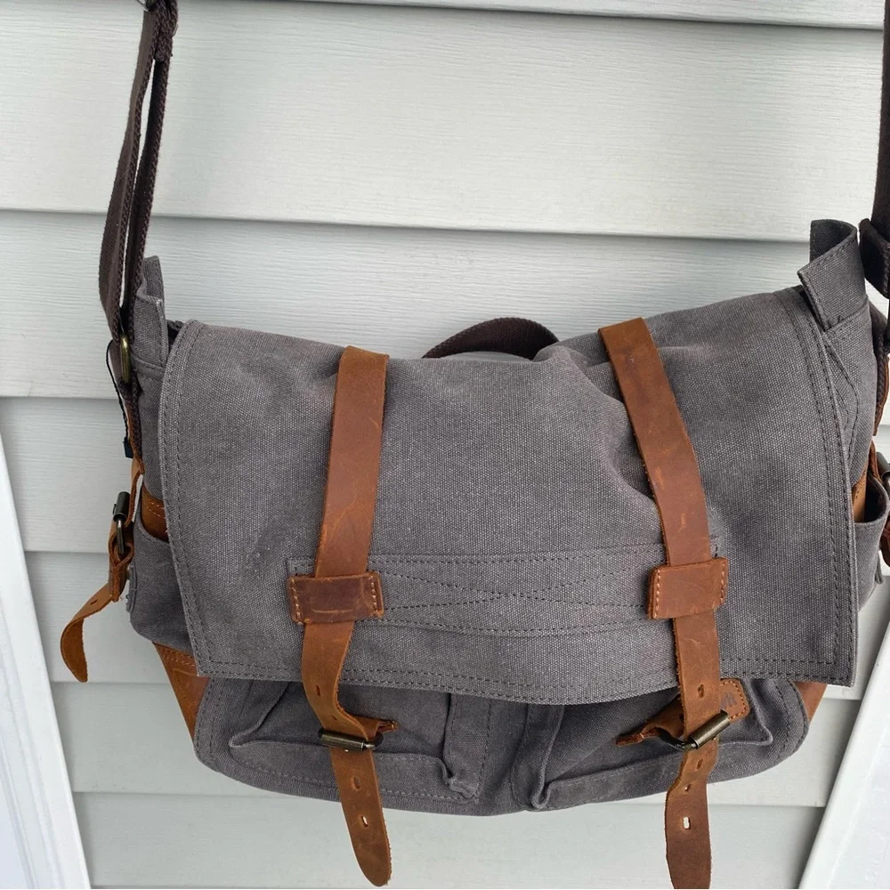 Lifewit Brown Canvas & Leather Satchel Messenger Cross Body Shoulder Bag Grey